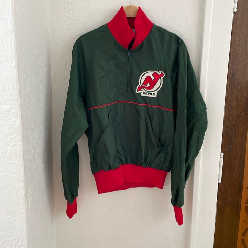 ALPHA SPORTSWEAR Men's New Jersey Devils Half-Zip Jacket Size L In Green/Red